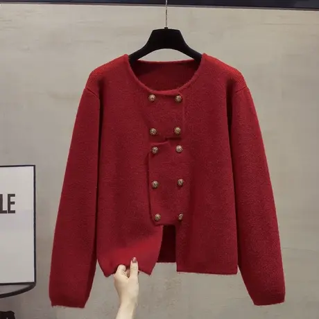 圆领双排扣针织开衫女2023秋装新款宽松外穿上衣外搭厚毛衣外套潮图片