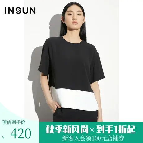 [高级商务]恩裳COVER2023夏新款落肩袖箱型休闲摩登撞色拼接上衣图片