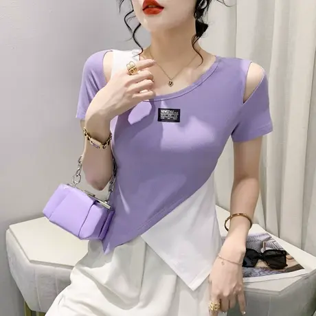 不规则拼色T恤女短袖2023夏季新款性感镂空露肩上衣时尚开叉小衫商品大图