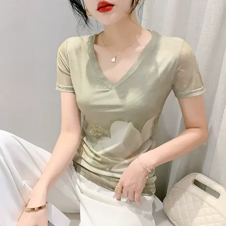 2023夏季新款性感V领网纱短袖T恤女复古气质小衫漂亮印花修身上衣商品大图