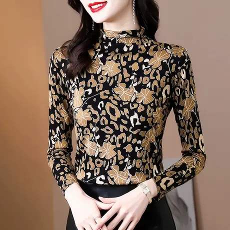 2023年秋冬半高领打底衫女秋冬洋气新款时尚个性加绒内搭长袖印花图片