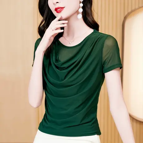 短袖t恤女2023春夏新款设计感小众绿色网纱打底衫修身体恤上衣黑商品大图