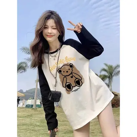 撞色t恤女中长款2023年宽松欧货秋冬爆款内搭上衣打底衫遮屁股潮商品大图