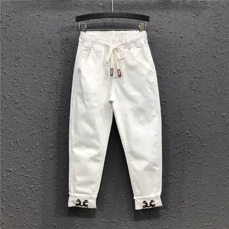 休闲牛仔哈伦长裤女潮春夏新款港味刺绣松紧高腰宽松显瘦老爹裤潮图片