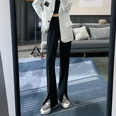 开叉西装裤女春秋宽松垂感小个子西裤垂坠感高腰休闲直筒阔腿裤子商品大图