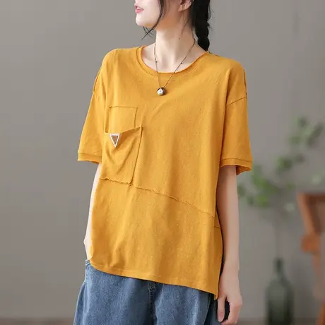 dza 复古纯棉短袖t恤女士2022夏季新款漂亮打底衫宽松不规则上衣商品大图