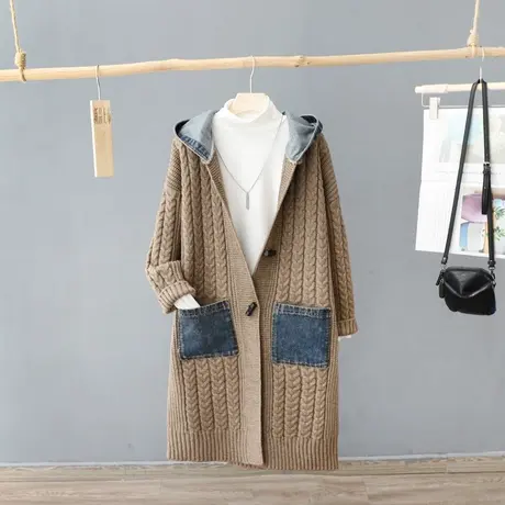 小众中长款牛仔拼接连帽针织开衫女长袖宽松休闲外套毛衣时尚上衣商品大图