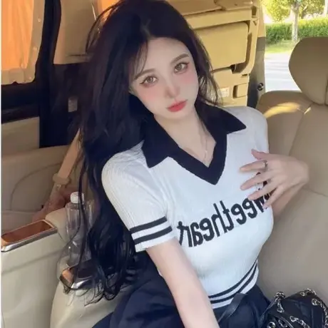 夏学姐校园风短款上衣搭配百褶裙独特别致设计冰丝短袖翻领T恤女商品大图