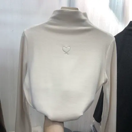 加厚双面绒米色磨毛打底衫女2022秋冬欧货百搭时尚好看半高领上衣商品大图