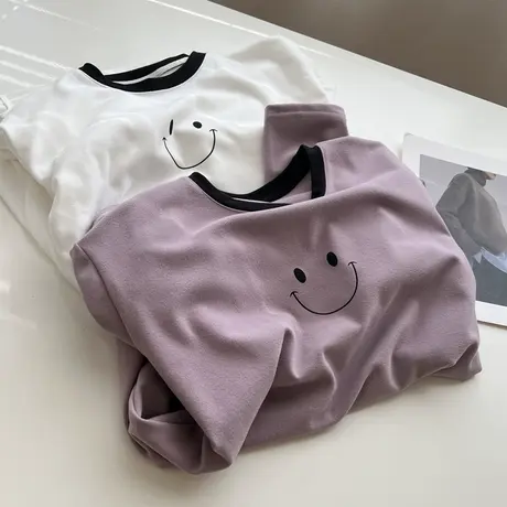 领口撞色笑脸印花圆领长袖T恤女宽松慵懒保暖打底衫上衣秋冬新款商品大图