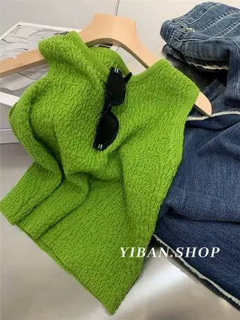 韩版肌理感纯色圆领休闲百搭针织无袖小背心吊带短款女百搭上衣潮商品大图