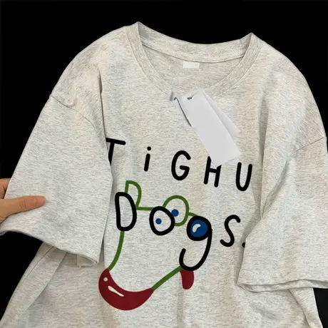 美式复古短袖t恤女夏季宽松圆领休闲高级感独特别致灰色半袖上衣图片