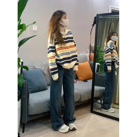设计感条纹开衫毛衣女秋冬季宽松加厚软糯温柔风高级感针织衫外套图片