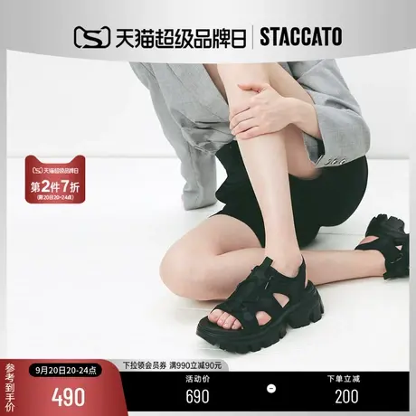 思加图新款休闲增高厚底凉鞋魔术贴运动女凉鞋子EBK26BL2商品大图