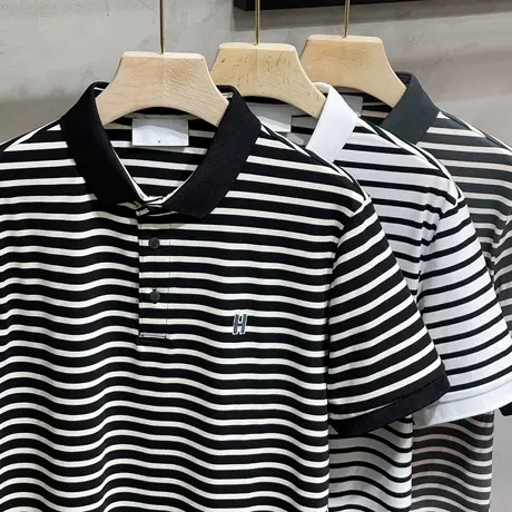 条纹polo衫男士短袖2023新款商务休闲男装上衣服潮牌t恤男夏季ins商品大图