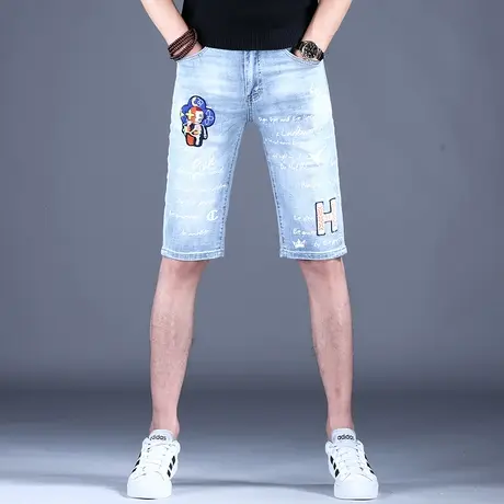 男士五分潮牌印花牛仔短裤男款2023新款夏季轻奢中裤宽松浅色裤子图片