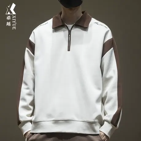 希越学院风拼接撞色Polo衫卫衣男高品质双面棉衣服宽松大码秋冬款商品大图