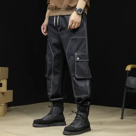 黑色工装裤男2023新款潮牌休闲束脚男裤宽松秋款美式哈伦裤子秋季商品大图