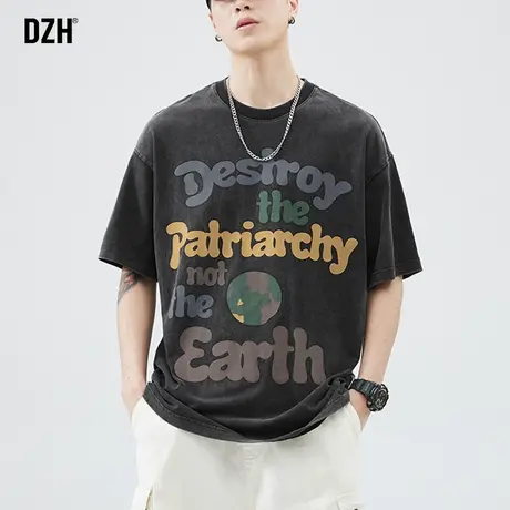 男士美式复古黑色t恤男短袖夏季薄高街潮流体恤痞帅炸街纯棉衣服图片