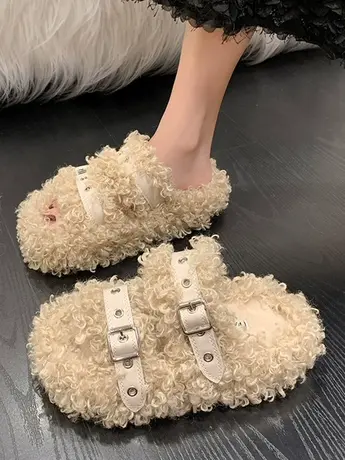 羊卷毛毛鞋女外穿厚底增高2023秋冬季新款穆勒鞋子包头半拖棉拖鞋商品大图