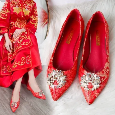 春季平底婚鞋女2023年新款粗跟新娘鞋中式红色结婚鞋子孕妇秀禾鞋商品大图