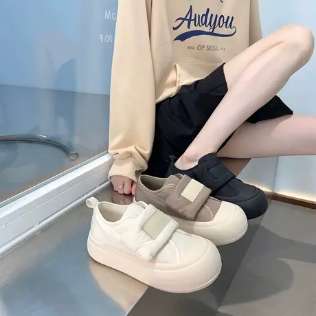丑萌大头鞋面包小白鞋女冬季新款加绒厚底羽绒魔术贴老爹运动板鞋商品大图