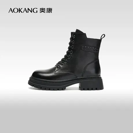【门店发货】奥康女鞋 冬季新款厚底增高马丁靴复古加绒短靴图片