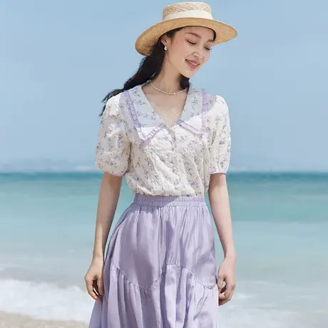 茵曼印绣花撞色花边翻领短袖衬衫2023夏女装新款V领减龄碎花上衣商品大图