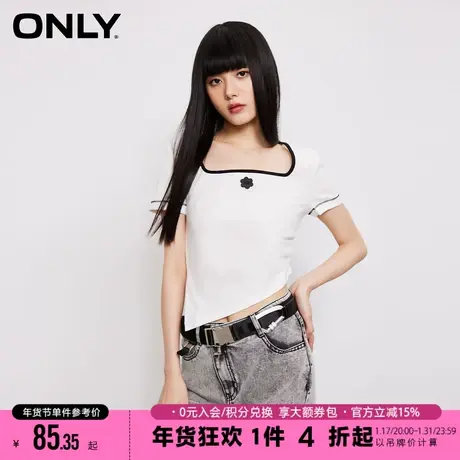 ONLY2023冬季新款时尚休闲方领不规则修身短款T恤女商品大图