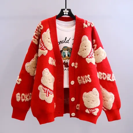 卡通小熊毛衣外套女秋冬2023新款韩版宽松慵懒风外穿洋气针织开衫图片