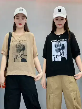 短袖t恤女印花美女图案夏季新款宽松遮肚子上衣半袖圆领时尚小衫商品大图