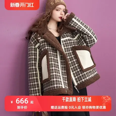 妖精的口袋格纹加厚棉服女2023冬季新款美式复古小个子休闲棉衣图片