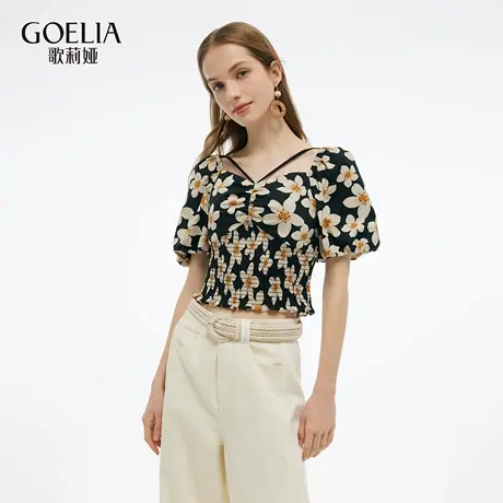 歌莉娅夏季新品棉布印花打缆上衣（配送胸垫）1E5R3B210图片