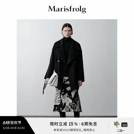 【艺术时装】玛丝菲尔冬季中长款黑色绵羊毛西装大衣外套图片