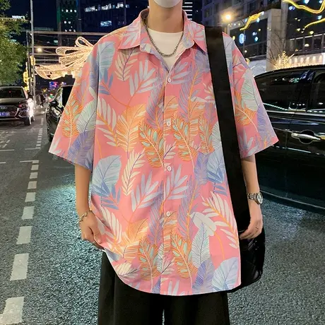 冰丝短袖花衬衫男夏季2025新款薄款外套痞帅男生透气速干沙滩衬衣商品大图
