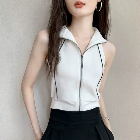 挂脖无袖上衣女2025春夏翻领纯棉背心运动拉链卫衣坎肩马甲短外套商品大图