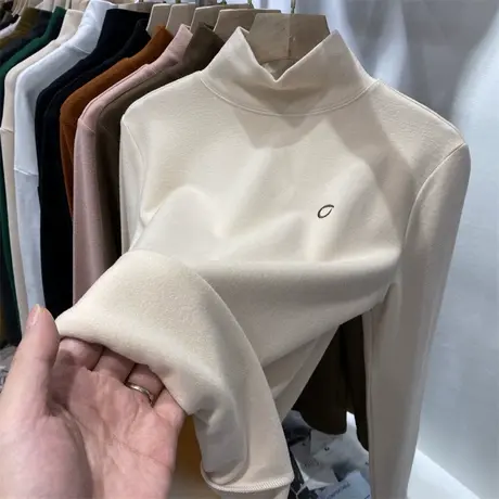 双面德绒半高领打底衫女秋季百搭修身显瘦磨毛刺绣长袖T恤上衣服商品大图
