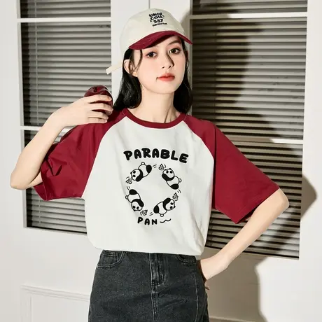 唐狮夏新款短袖T恤女宽松插肩袖撞色熊猫趣味印花别致上衣商品大图