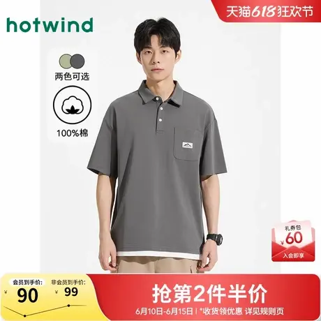 热风短袖上衣2025年夏季新款男士假两件POLO衫棉宽松情侣上衣商品大图