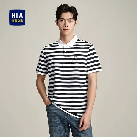HLA/海澜之家卡通刺绣短袖POLO衫25春夏新撞色条纹翻领弹力T恤男图片