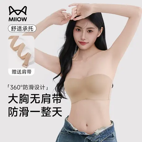 猫人大胸无肩带粉底液内衣女大码薄款防滑抹胸防下垂隐形无痕文胸商品大图