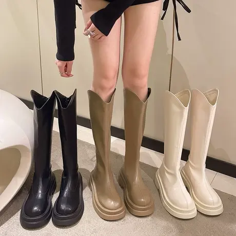 永希白色不过膝长筒靴女春秋新款V口高筒靴网红ins厚底粗跟骑士靴图片