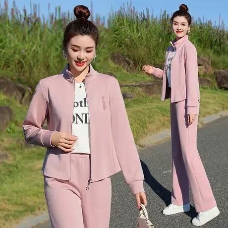 拉夏贝尔休闲运动套装女春秋2025新款时尚立领开衫跑步卫衣两件套商品大图
