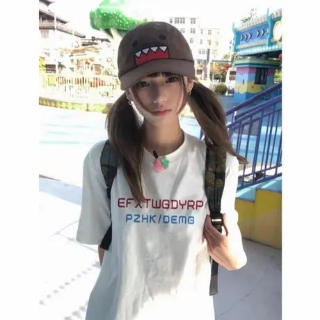 2025新款爆款纯棉短袖t恤女夏季设计感小众美式宽松半袖落肩上衣图片