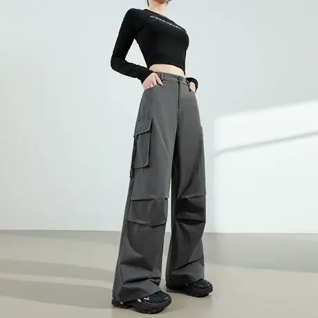 灰色阔腿工装裤女2025春秋新款高腰宽松显瘦两穿直筒休闲运动裤子商品大图