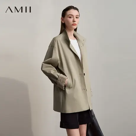 Amii2025秋季简约日系风袖口撞色中长款款款翻领风衣外套女商品大图