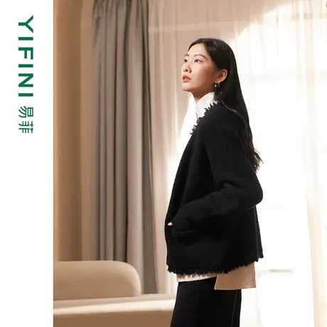 [专柜同款]Yifini/易菲猫须圆领挺括针织衫宽松短款毛织外套女商品大图