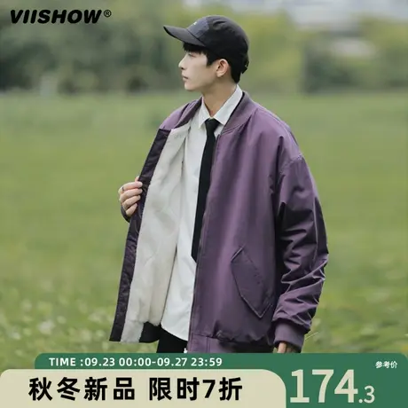 VIISHOW冬季宽松外套两面穿刺绣秋新品拼色潮牌日系复古棉衣男商品大图