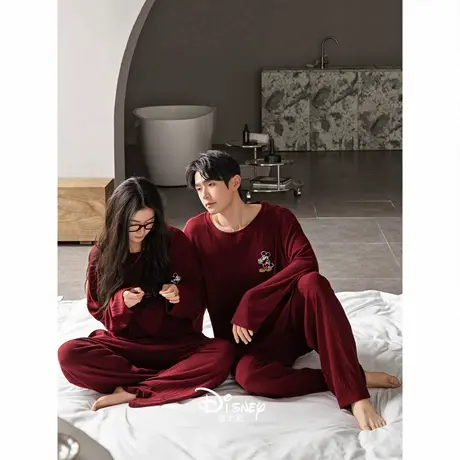 迪士尼红色新婚情侣睡衣女春秋款本命年家居服纯棉长袖结婚套装男商品大图