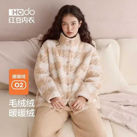 红豆杨梅绒睡衣女加厚格纹可外穿珊瑚绒防静电保暖新款家居服套装商品大图